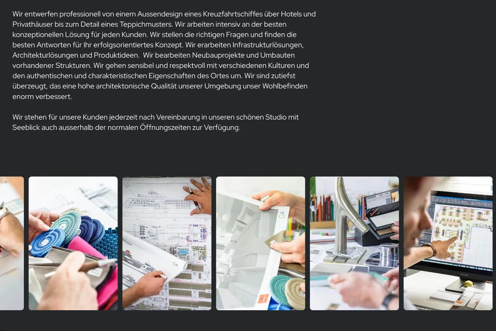 Text über professionelle Gestaltung von Kreuzfahrtschiff-Design und Architektur mit Bildern von Plänen und Materialien.