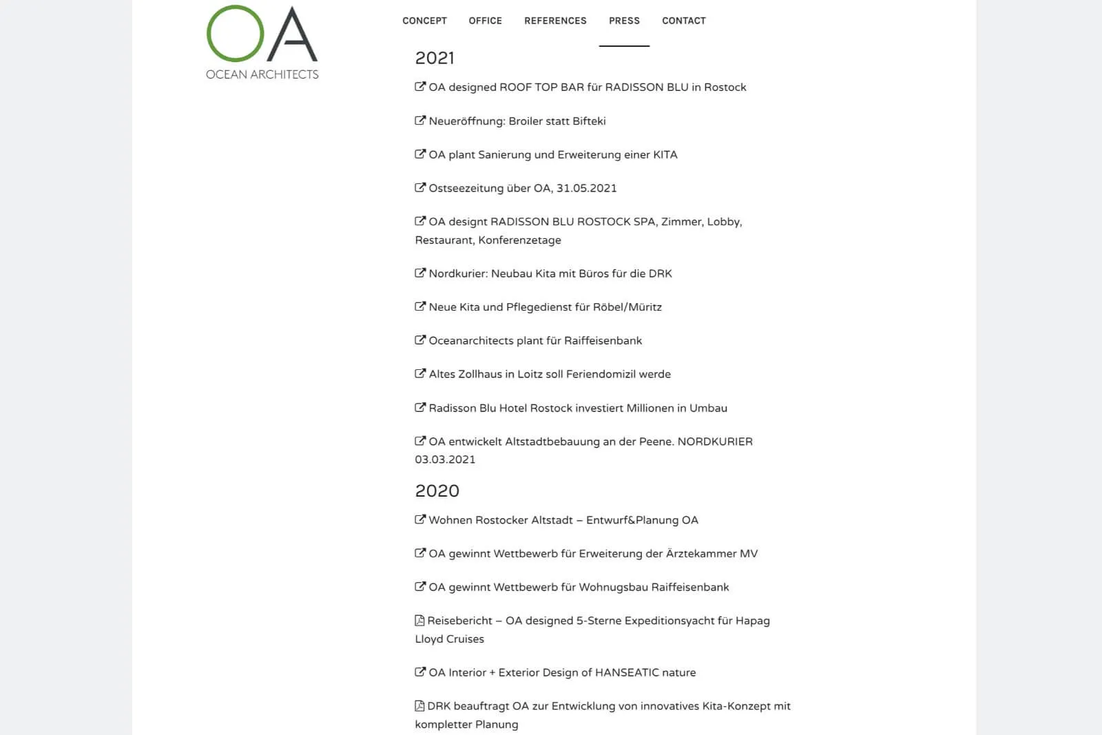 Presseseite von Ocean Architects mit Nachrichten und Projekten aus 2021 und 2020 in deutscher Sprache.
